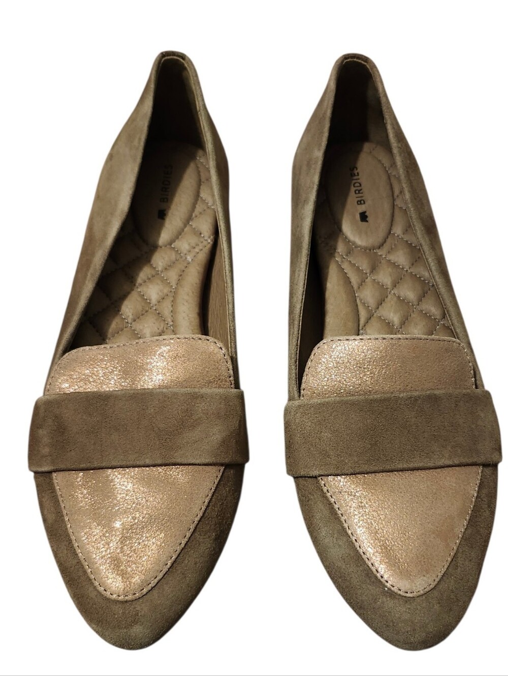 Birdies Taupe Suede and Metallic Loafers - Taupe/Gold - 7.5